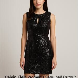 Calvin Klein Black Sequin Cutout Sleeve Dress Size 12P Petite – NWT